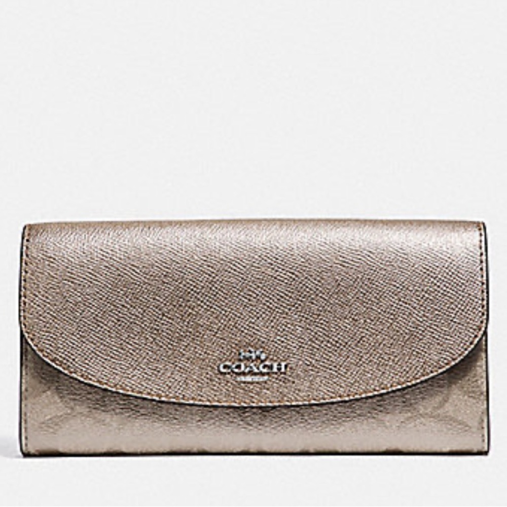 Coach Slim Metallic Envelope Wallet Platinum Logo Signature
